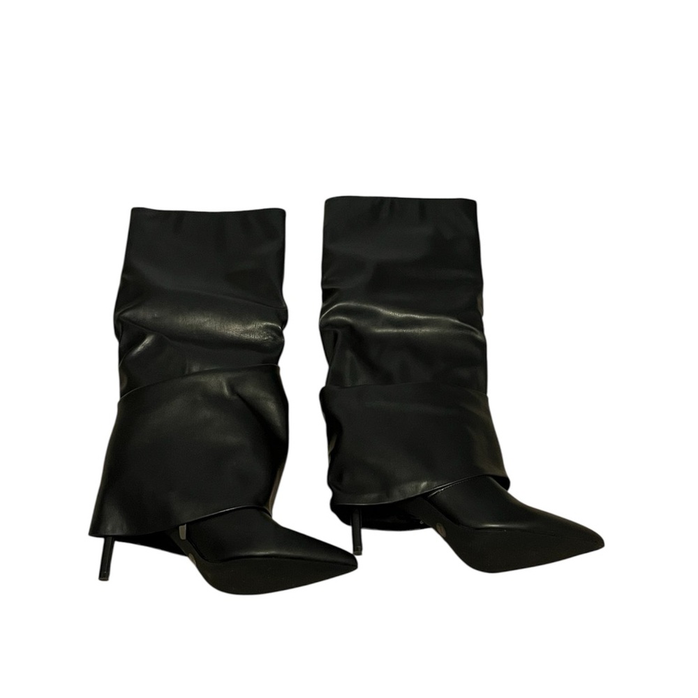 New-Chic Black Slouchy Ruched faux Leather Knee-High Boots Size: 9 - Picture 2 of 9